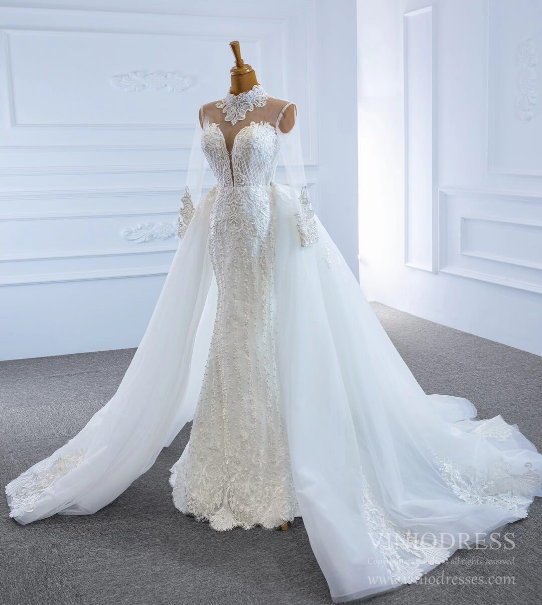 Long Sleeve High Neck Pearl Lace Wedding Dresses with Removable Skirt VW1780-wedding dresses 2025 -Viniodress-As Picture-Custom Size-