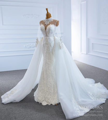 Long Sleeve High Neck Pearl Lace Wedding Dresses with Removable Skirt VW1780-wedding dresses 2025 -Viniodress-As Picture-Custom Size-