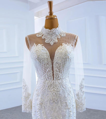 Long Sleeve High Neck Pearl Lace Wedding Dresses with Removable Skirt VW1780-wedding dresses 2025 -Viniodress-As Picture-Custom Size-