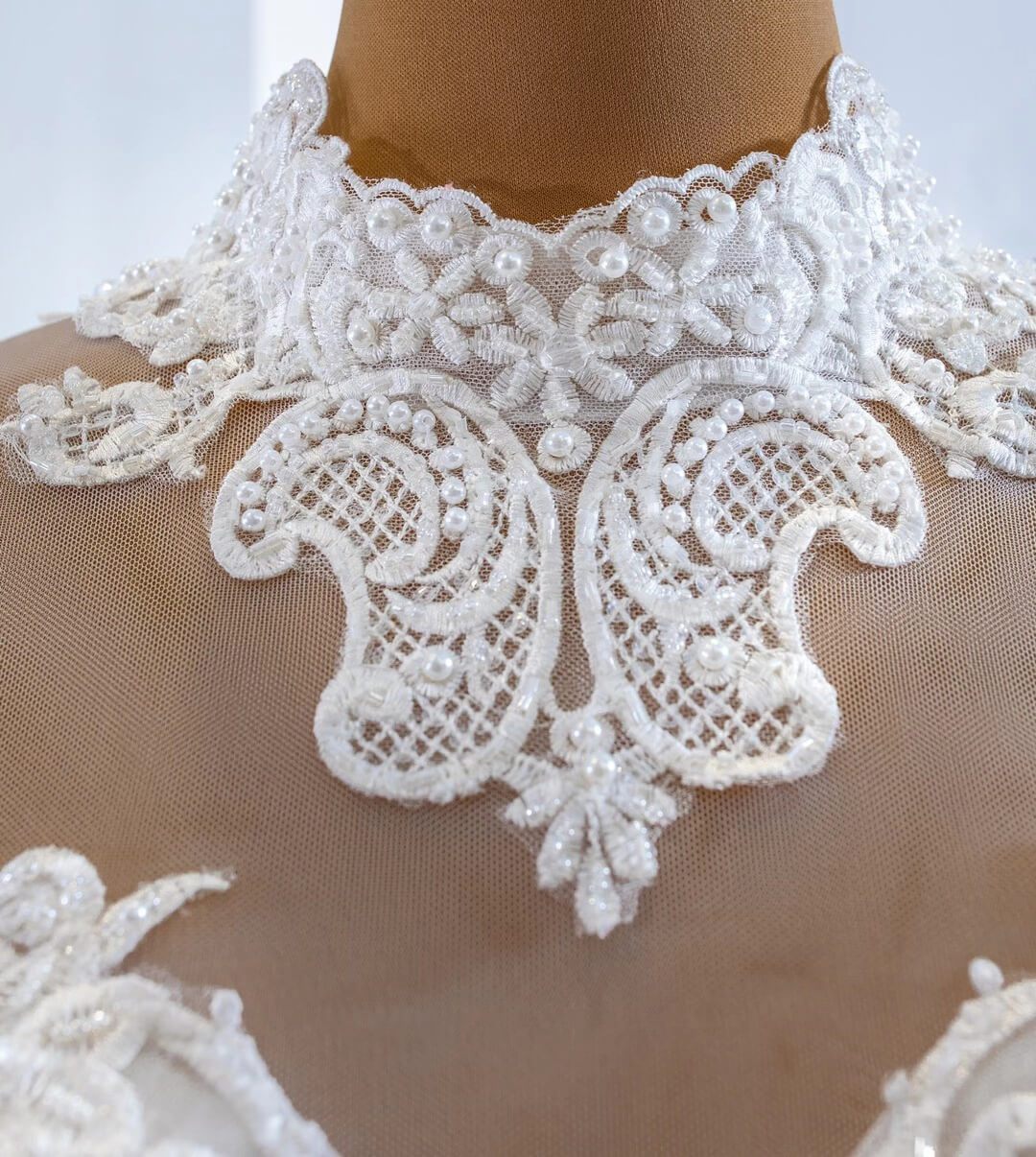 Long Sleeve High Neck Pearl Lace Wedding Dresses with Removable Skirt VW1780-wedding dresses 2025 -Viniodress-As Picture-Custom Size-