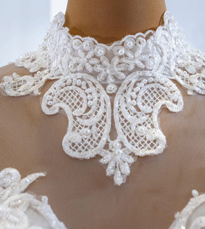 Long Sleeve High Neck Pearl Lace Wedding Dresses with Removable Skirt VW1780-wedding dresses 2025 -Viniodress-As Picture-Custom Size-