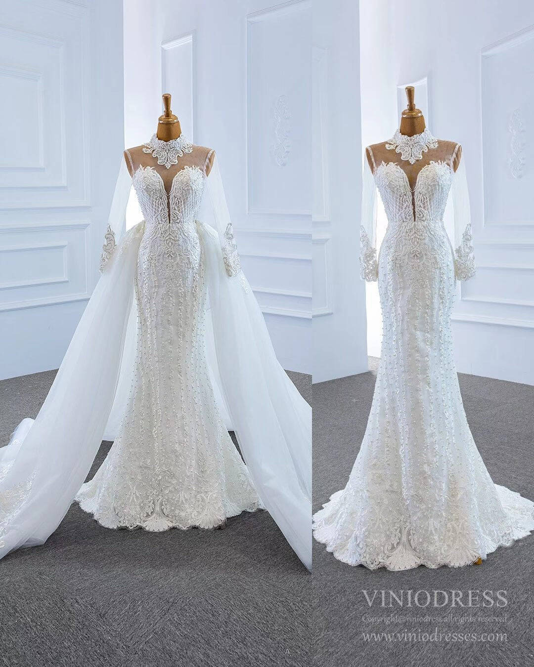 Long Sleeve High Neck Pearl Lace Wedding Dresses with Removable Skirt VW1780-wedding dresses 2025 -Viniodress-As Picture-Custom Size-