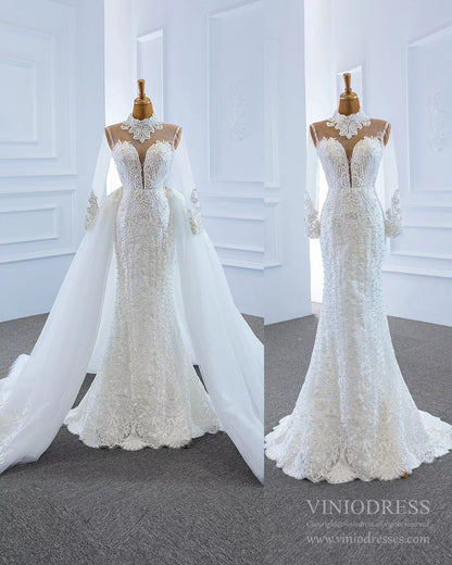 Long Sleeve High Neck Pearl Lace Wedding Dresses with Removable Skirt VW1780-wedding dresses 2025 -Viniodress-As Picture-Custom Size-