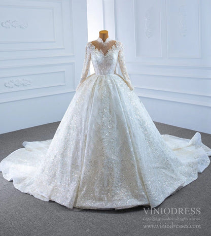 Long Sleeve High Neck Wedding Dresses Sparkly Bridal Gown VW1762B-wedding dresses 2025 -Viniodress-Ivory-Custom Size-