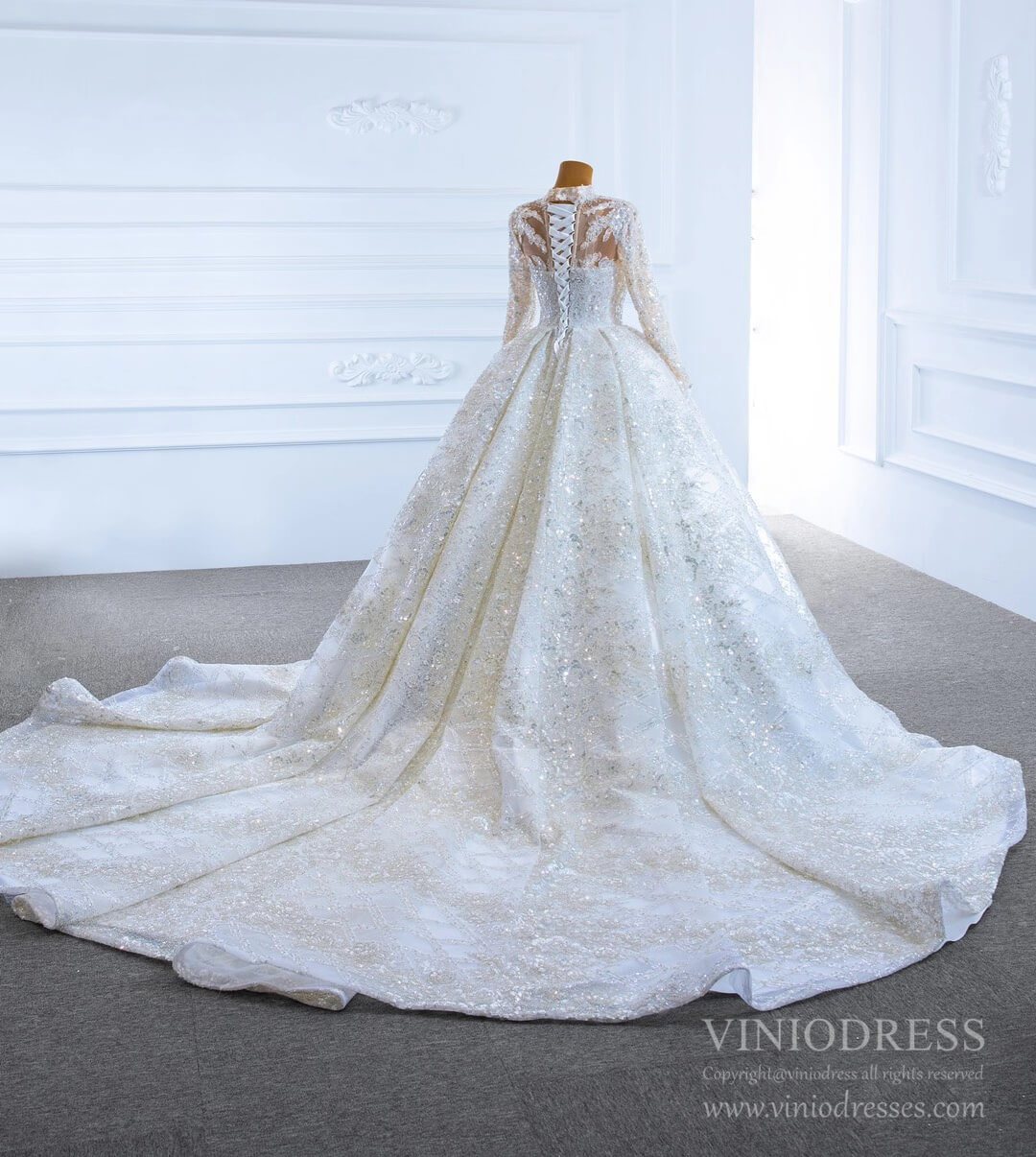 Long Sleeve High Neck Wedding Dresses Sparkly Bridal Gown VW1762B-wedding dresses 2025 -Viniodress-Ivory-Custom Size-