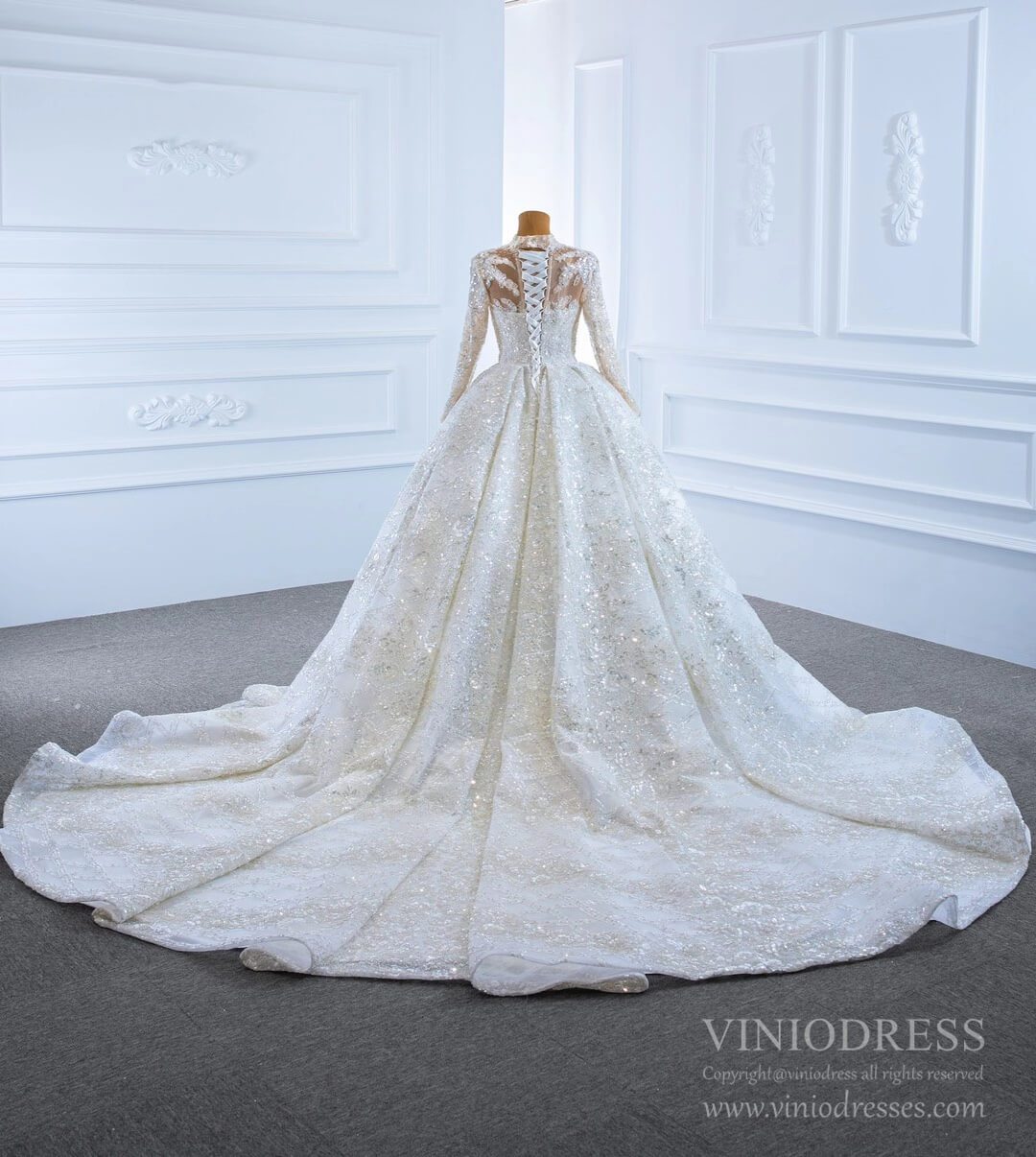 Long Sleeve High Neck Wedding Dresses Sparkly Bridal Gown VW1762B-wedding dresses 2025 -Viniodress-Ivory-Custom Size-