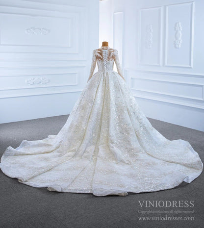 Long Sleeve High Neck Wedding Dresses Sparkly Bridal Gown VW1762B-wedding dresses 2025 -Viniodress-Ivory-Custom Size-