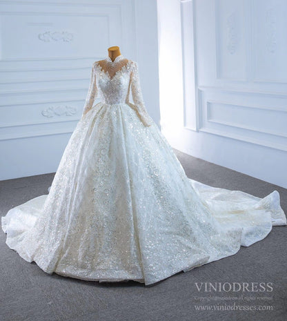 Long Sleeve High Neck Wedding Dresses Sparkly Bridal Gown VW1762B-wedding dresses 2025 -Viniodress-Ivory-Custom Size-