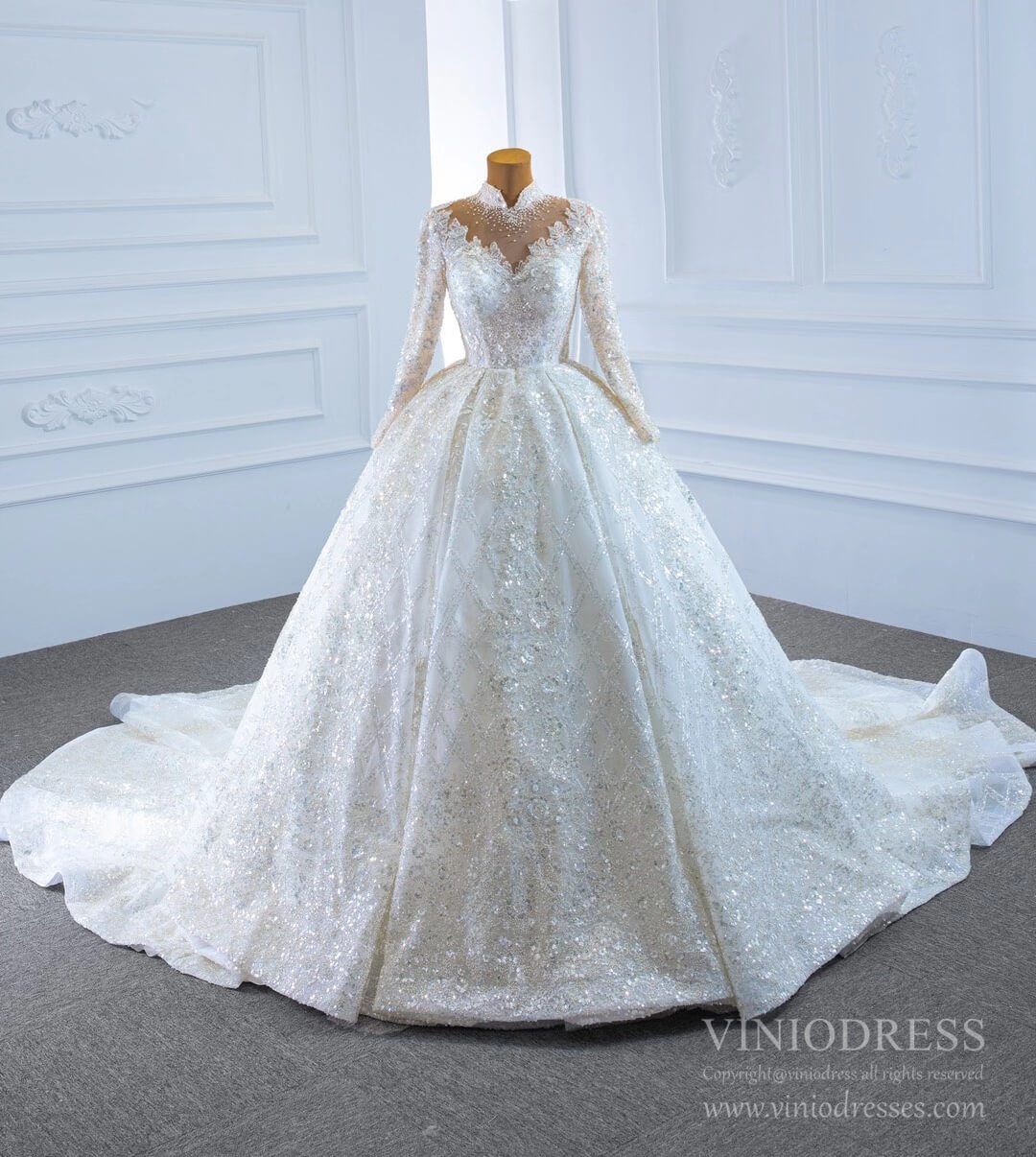 Long Sleeve High Neck Wedding Dresses Sparkly Bridal Gown VW1762B-wedding dresses 2025 -Viniodress-Ivory-Custom Size-