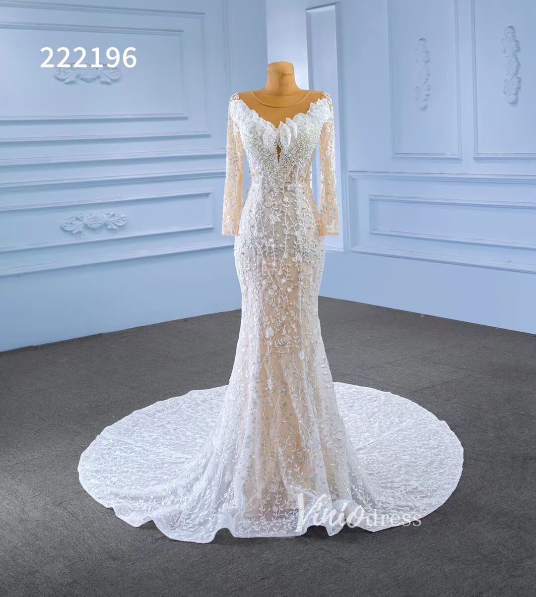 Long Sleeve Lace Mermaid Wedding Dresses with Pearls 222196-wedding dresses 2025 -Viniodress-Champagne-Custom Size-