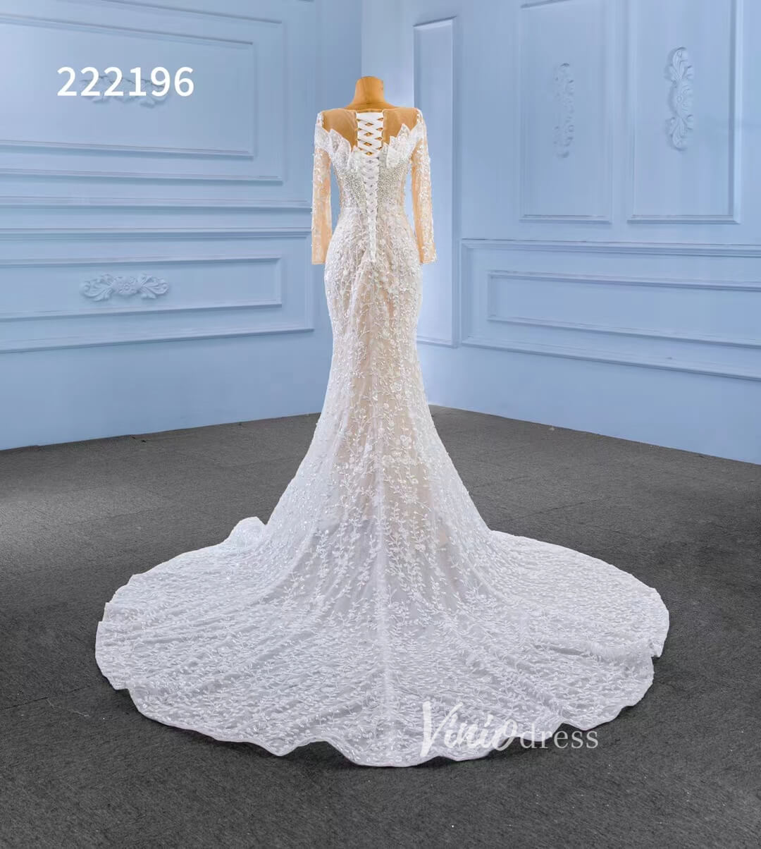 Long Sleeve Lace Mermaid Wedding Dresses with Pearls 222196-wedding dresses 2025 -Viniodress-Champagne-Custom Size-