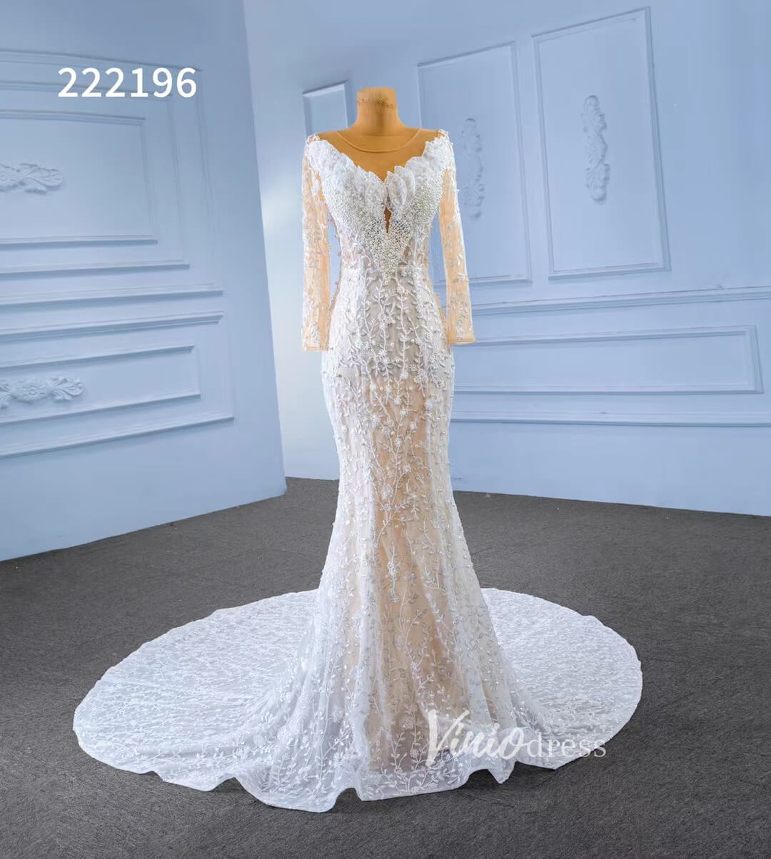 Long Sleeve Lace Mermaid Wedding Dresses with Pearls 222196-wedding dresses 2025 -Viniodress-Champagne-Custom Size-