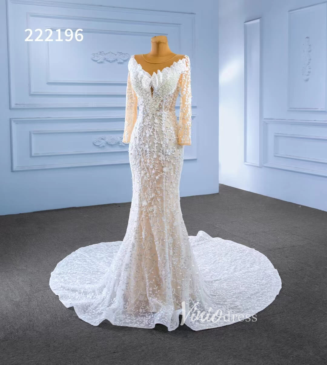 Long Sleeve Lace Mermaid Wedding Dresses with Pearls 222196-wedding dresses 2025 -Viniodress-Champagne-Custom Size-