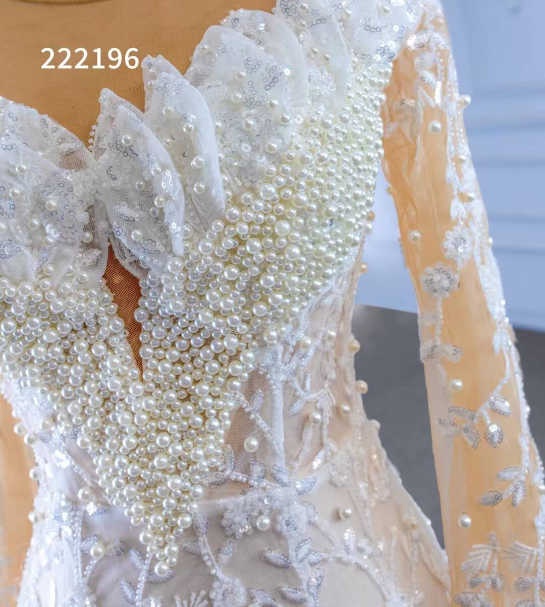 Long Sleeve Lace Mermaid Wedding Dresses with Pearls 222196-wedding dresses 2025 -Viniodress-Champagne-Custom Size-