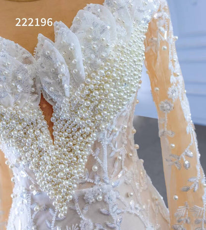 Long Sleeve Lace Mermaid Wedding Dresses with Pearls 222196-wedding dresses 2025 -Viniodress-Champagne-Custom Size-