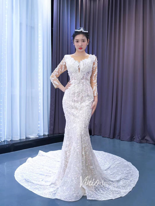Long Sleeve Lace Mermaid Wedding Dresses with Pearls 222196-wedding dresses 2025 -Viniodress-Champagne-Custom Size-