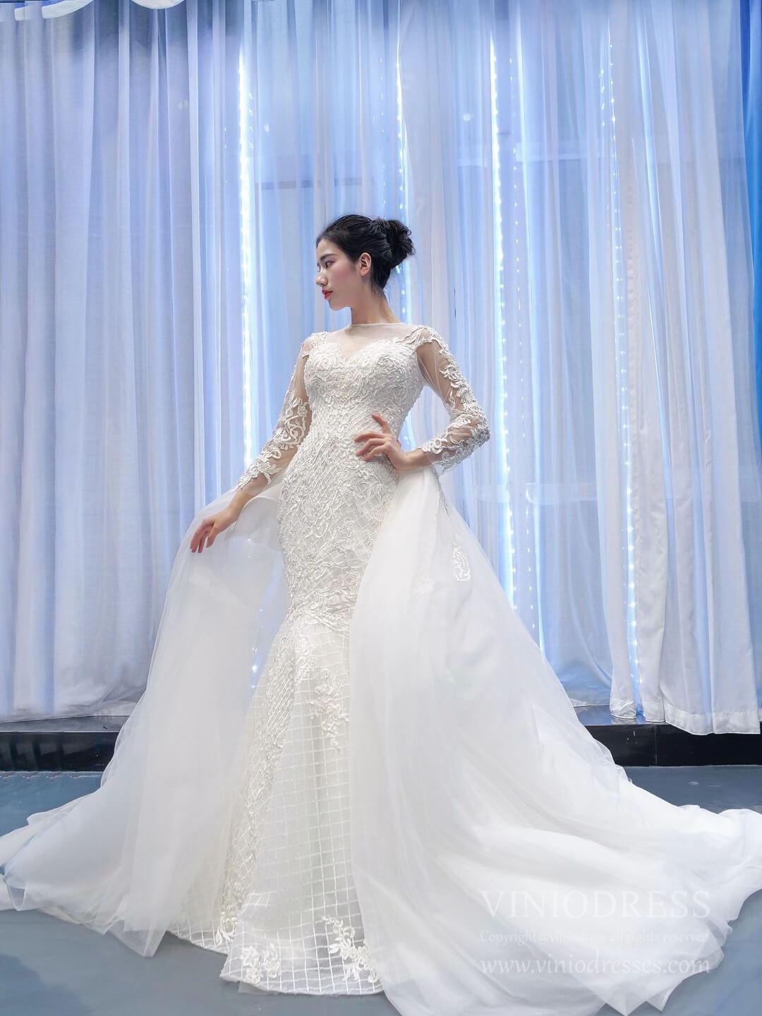 Long Sleeve Lace Mermaid Wedding Dresses with Removable Skirt VW1802-wedding dresses 2025 -Viniodress-Ivory-Custom Size-
