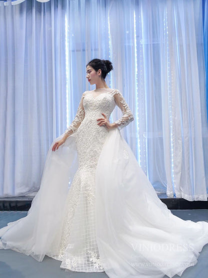 Long Sleeve Lace Mermaid Wedding Dresses with Removable Skirt VW1802-wedding dresses 2025 -Viniodress-Ivory-Custom Size-