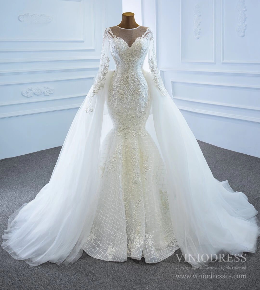 Long Sleeve Lace Mermaid Wedding Dresses with Removable Skirt VW1802-wedding dresses 2025 -Viniodress-Ivory-Custom Size-
