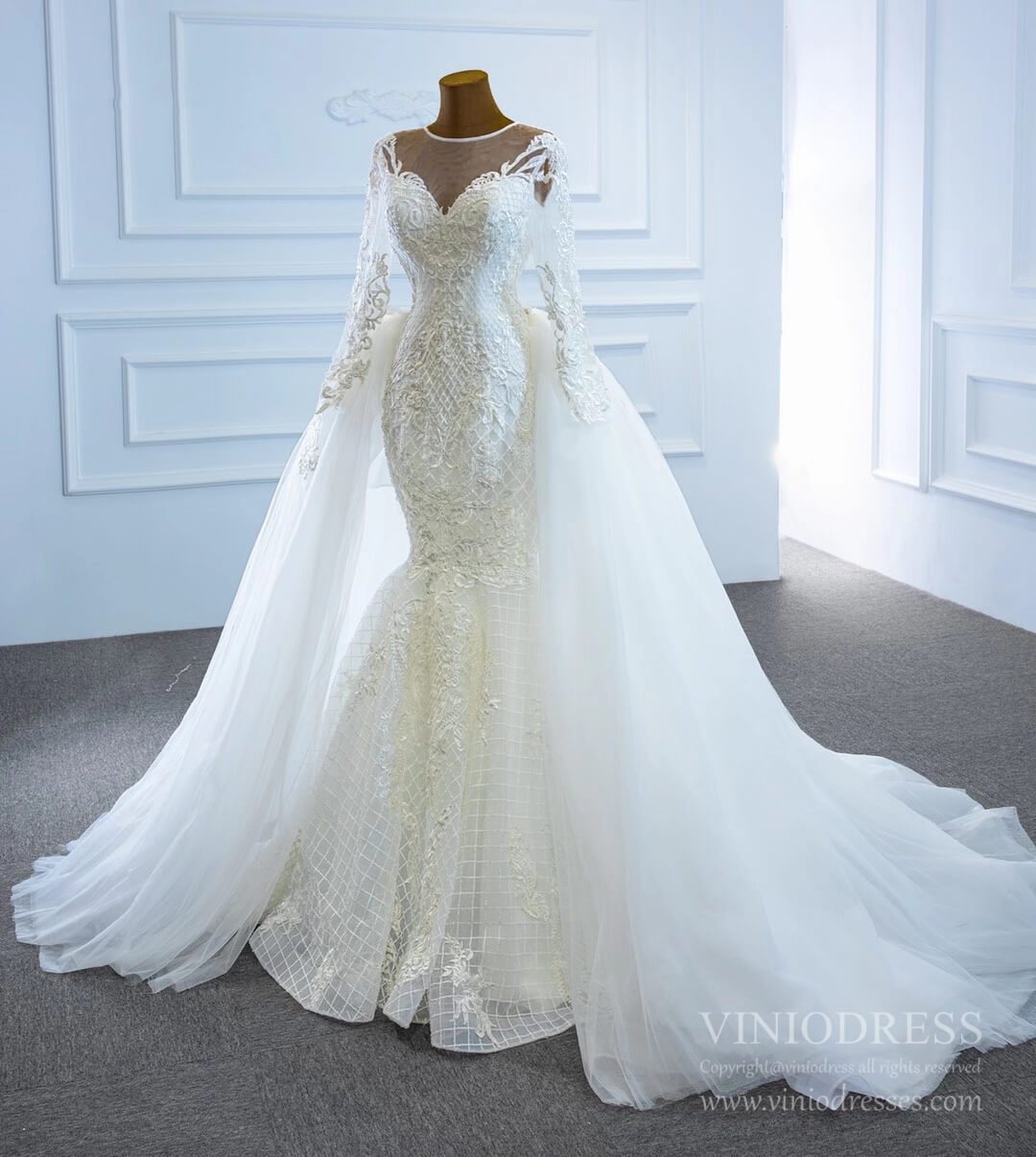 Long Sleeve Lace Mermaid Wedding Dresses with Removable Skirt VW1802-wedding dresses 2025 -Viniodress-Ivory-Custom Size-
