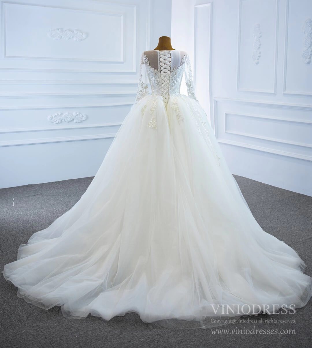 Long Sleeve Lace Mermaid Wedding Dresses with Removable Skirt VW1802-wedding dresses 2025 -Viniodress-Ivory-Custom Size-