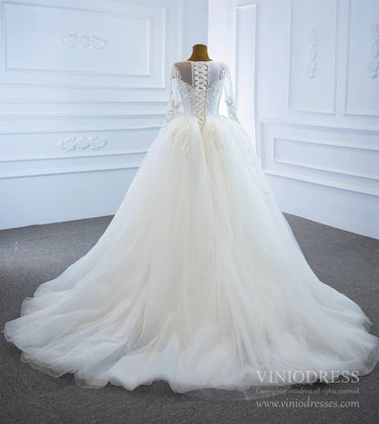 Long Sleeve Lace Mermaid Wedding Dresses with Removable Skirt VW1802-wedding dresses 2025 -Viniodress-Ivory-Custom Size-