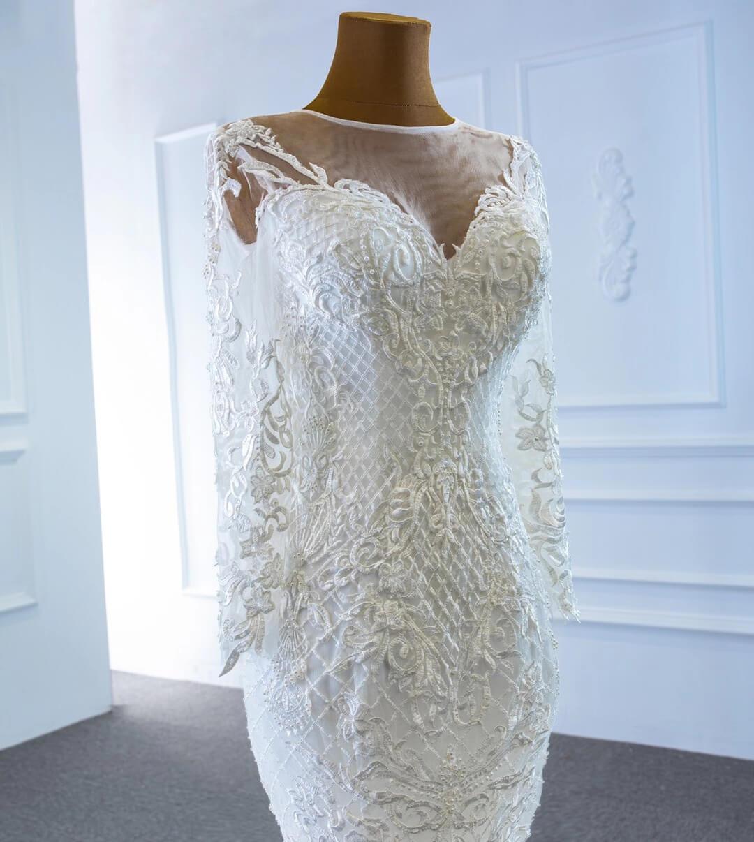 Long Sleeve Lace Mermaid Wedding Dresses with Removable Skirt VW1802-wedding dresses 2025 -Viniodress-Ivory-Custom Size-