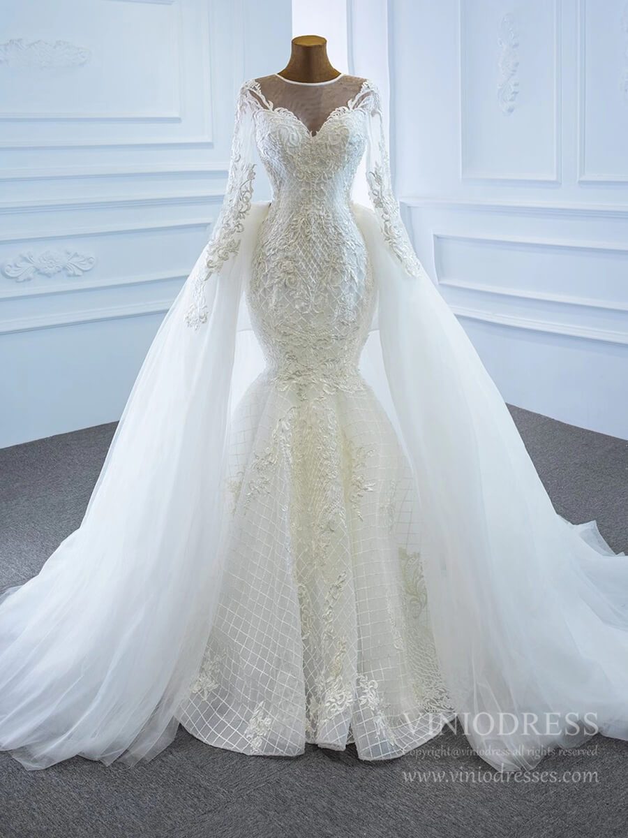 Long Sleeve Lace Mermaid Wedding Dresses with Removable Skirt VW1802-wedding dresses 2025 -Viniodress-Ivory-Custom Size-