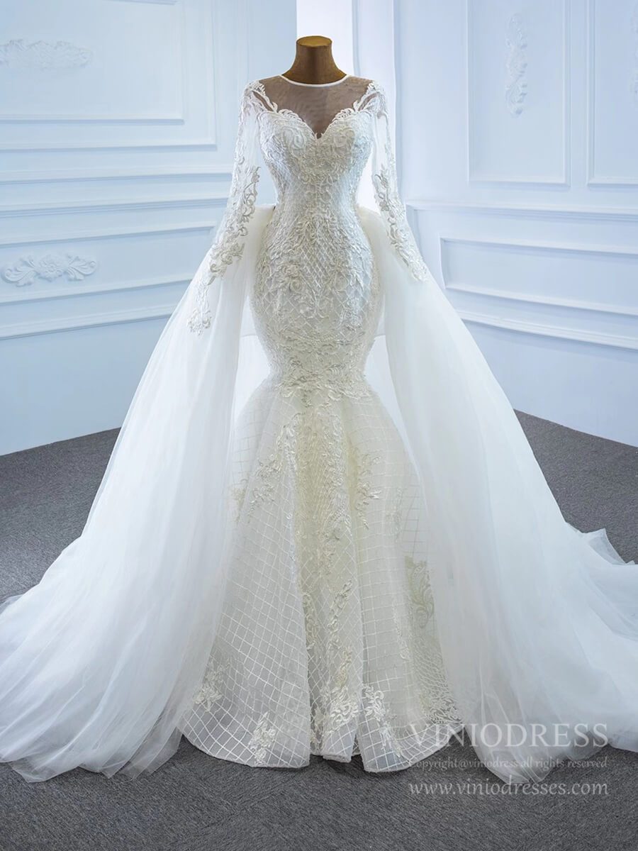 Long Sleeve Lace Mermaid Wedding Dresses with Removable Skirt VW1802-wedding dresses-Viniodress-Ivory-Custom Size-Viniodress