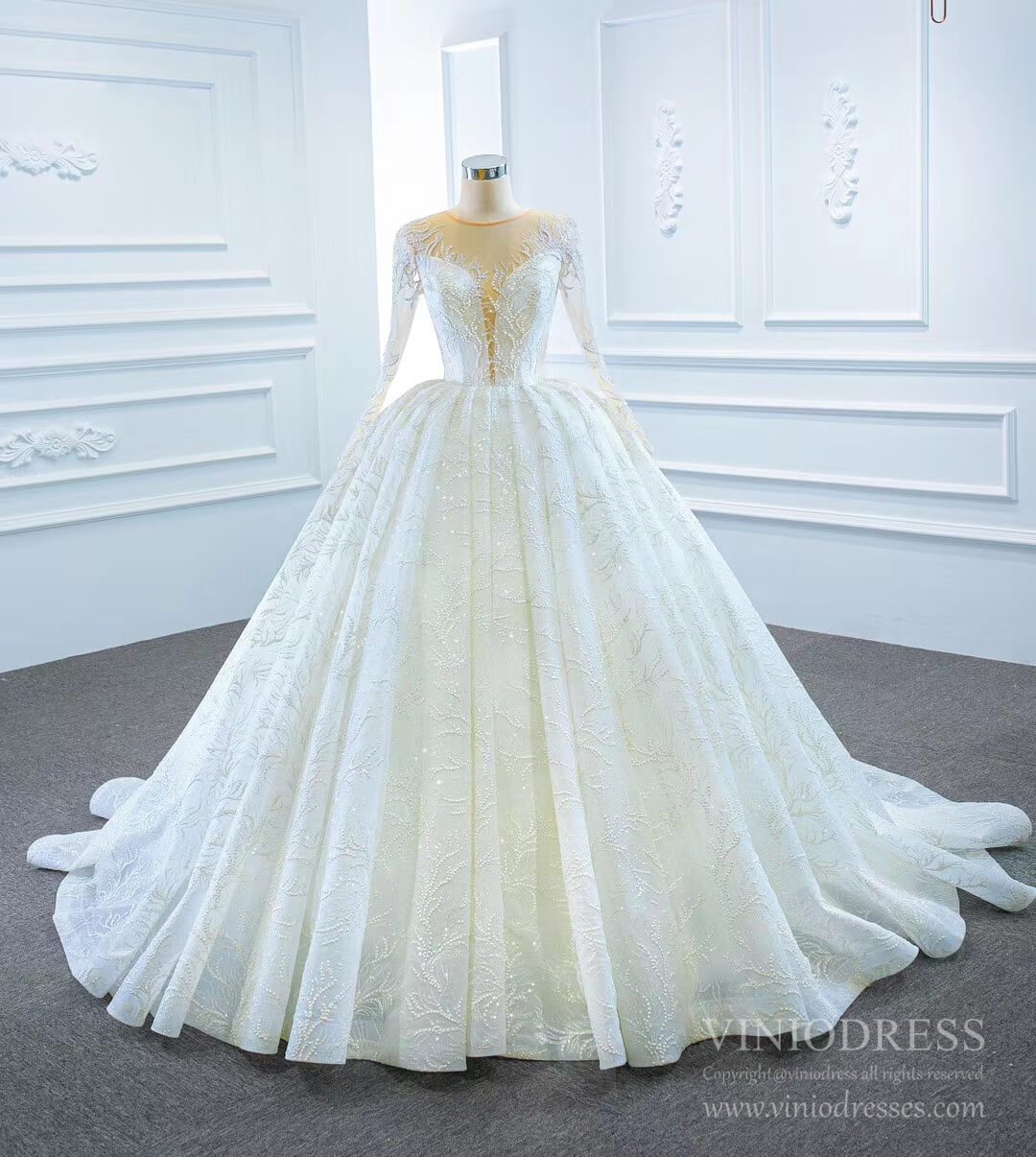 Long Sleeve Lace Wedding Dresses Vintage Ball Gown VW1789-wedding dresses 2025 -Viniodress-Ivory-Custom Size-