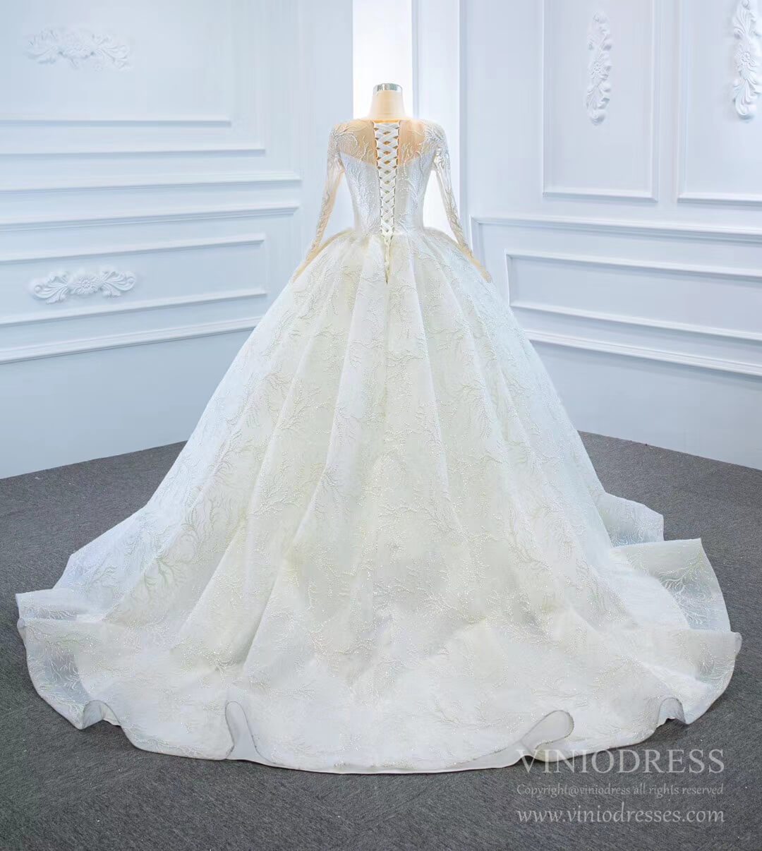 Long Sleeve Lace Wedding Dresses Vintage Ball Gown VW1789-wedding dresses 2025 -Viniodress-Ivory-Custom Size-