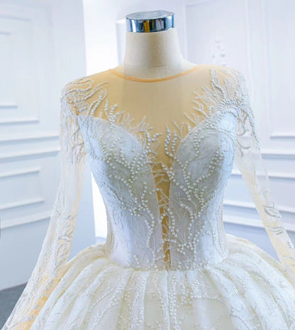 Long Sleeve Lace Wedding Dresses Vintage Ball Gown VW1789-wedding dresses 2025 -Viniodress-Ivory-Custom Size-