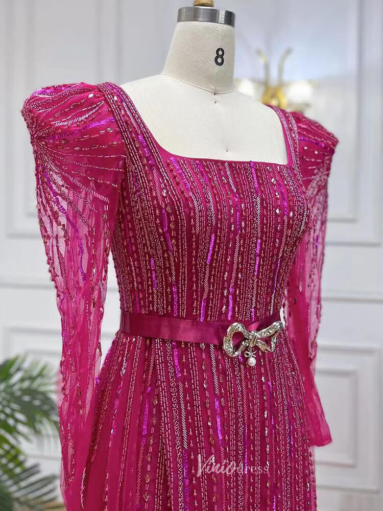Long Sleeve Magenta Prom Dresses Purple Square Neck Evening Dress with Slit 20048-Evening Dresses 2025 -Viniodress-As Picture-US 2-