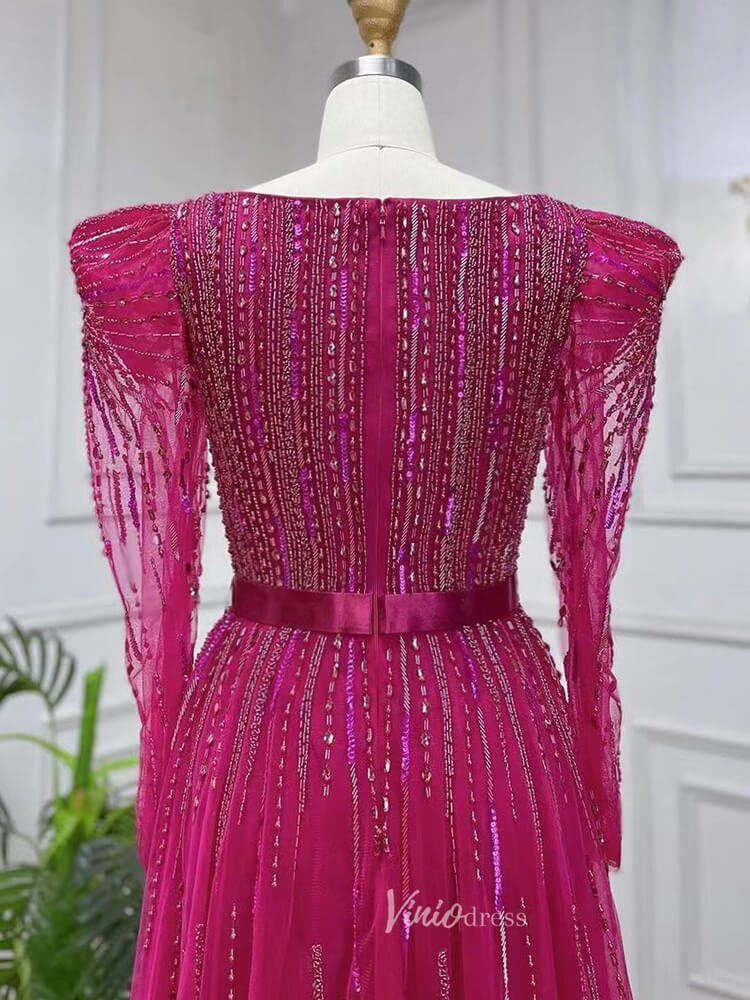 Long Sleeve Magenta Prom Dresses Purple Square Neck Evening Dress with Slit 20048-Evening Dresses 2025 -Viniodress-As Picture-US 2-