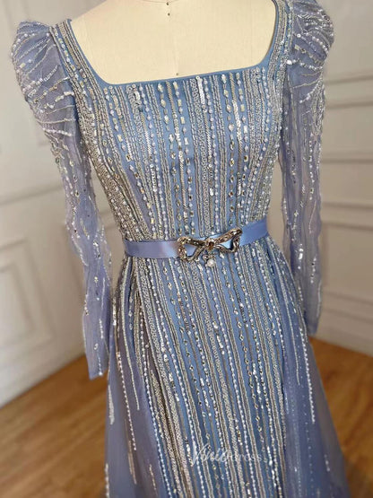 Long Sleeve Magenta Prom Dresses Purple Square Neck Evening Dress with Slit 20048-Evening Dresses 2025 -Viniodress-As Picture-US 2-