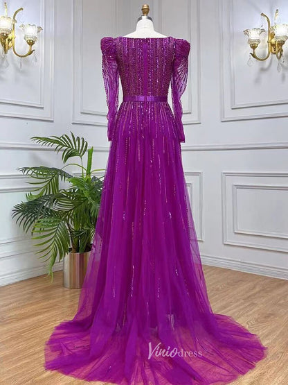 Long Sleeve Magenta Prom Dresses Purple Square Neck Evening Dress with Slit 20048-Evening Dresses 2025 -Viniodress-As Picture-US 2-