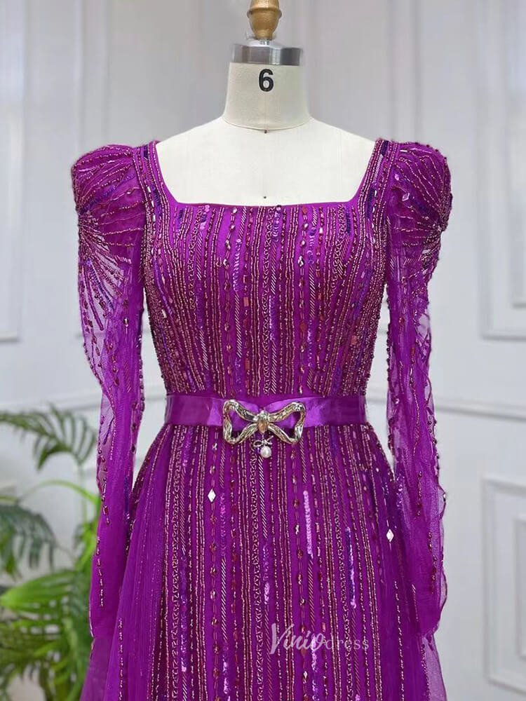 Long Sleeve Magenta Prom Dresses Purple Square Neck Evening Dress with Slit 20048-Evening Dresses 2025 -Viniodress-As Picture-US 2-