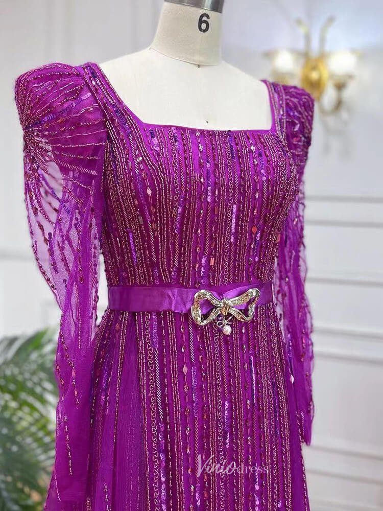 Long Sleeve Magenta Prom Dresses Purple Square Neck Evening Dress with Slit 20048-Evening Dresses 2025 -Viniodress-As Picture-US 2-