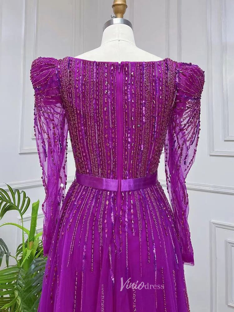 Long Sleeve Magenta Prom Dresses Purple Square Neck Evening Dress with Slit 20048-Evening Dresses 2025 -Viniodress-As Picture-US 2-
