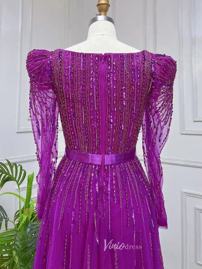 Long Sleeve Magenta Prom Dresses Purple Square Neck Evening Dress with Slit 20048-Evening Dresses 2025 -Viniodress-As Picture-US 2-