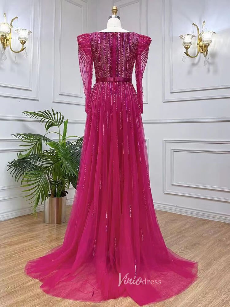 Long Sleeve Magenta Prom Dresses Purple Square Neck Evening Dress with Slit 20048-Evening Dresses 2025 -Viniodress-As Picture-US 2-