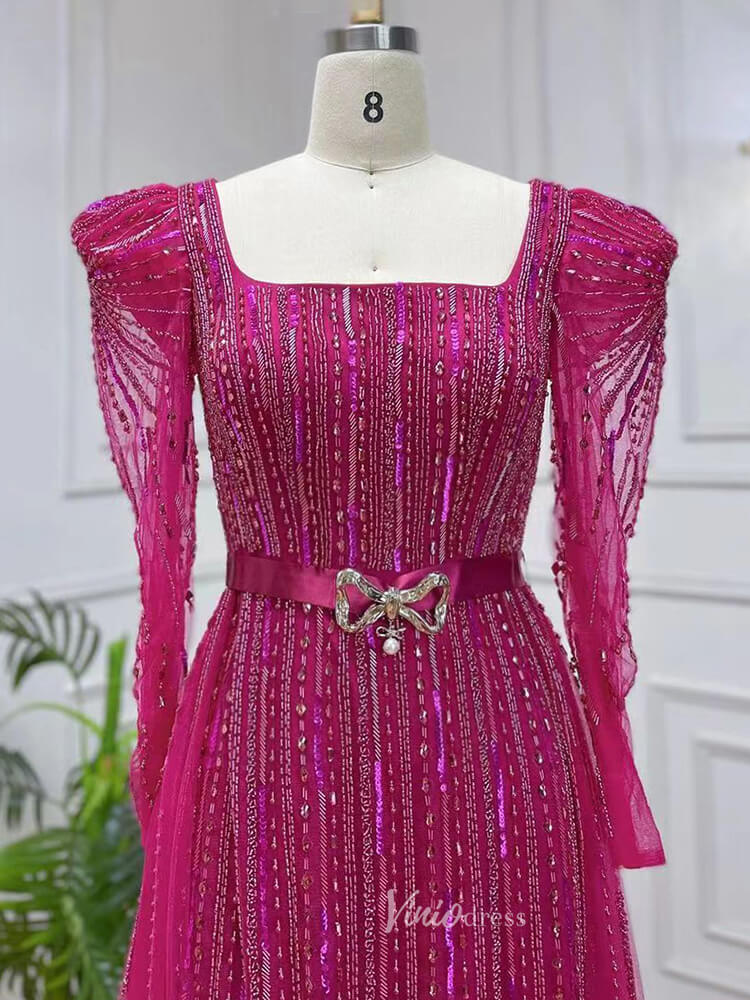 Long Sleeve Magenta Prom Dresses Purple Square Neck Evening Dress with Slit 20048-Evening Dresses 2025 -Viniodress-As Picture-US 2-