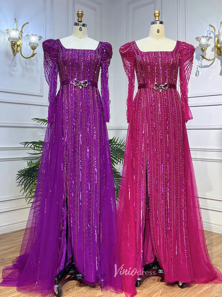 Long Sleeve Magenta Prom Dresses Purple Square Neck Evening Dress with Slit 20048-Evening Dresses 2025 -Viniodress-As Picture-US 2-