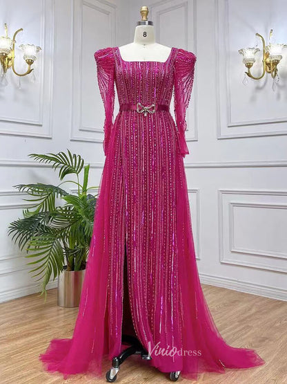 Long Sleeve Magenta Prom Dresses Purple Square Neck Evening Dress with Slit 20048-Evening Dresses 2025 -Viniodress-Magenta-US 2-