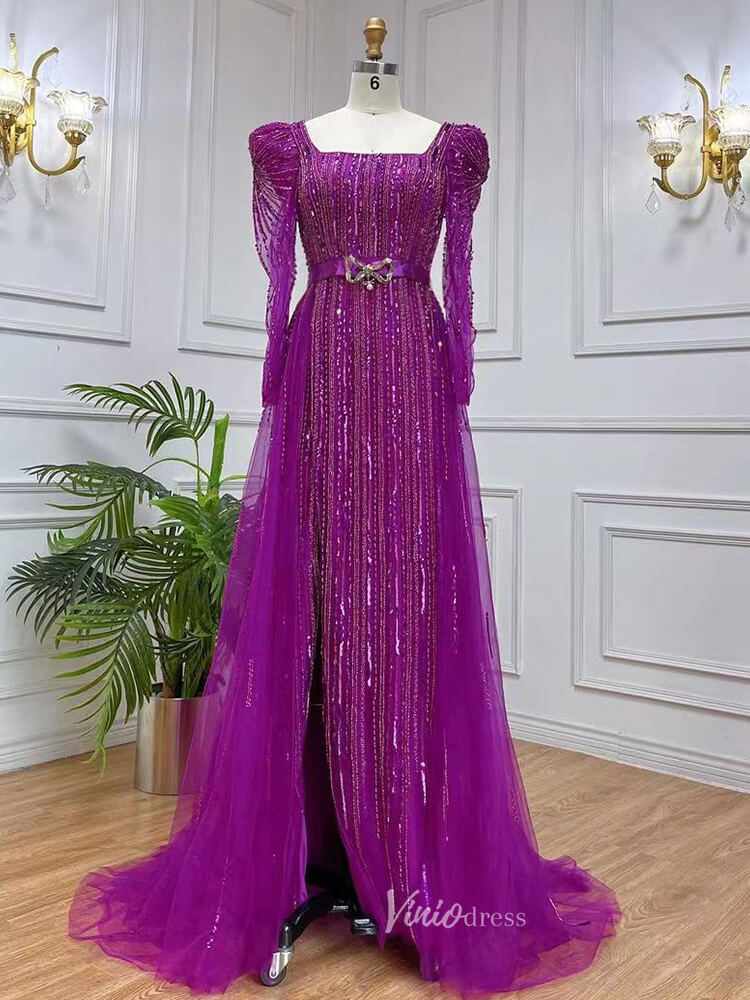 Long Sleeve Magenta Prom Dresses Purple Square Neck Evening Dress with Slit 20048-Evening Dresses 2025 -Viniodress-Purple-US 2-