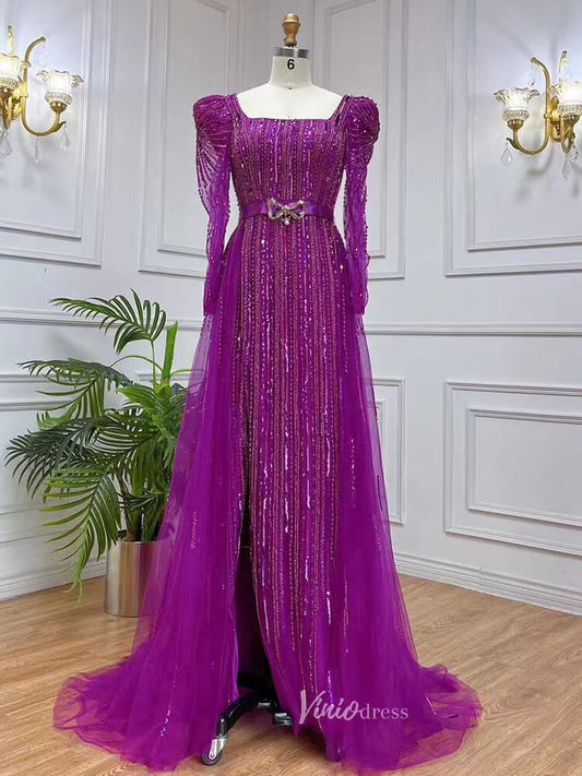 Long Sleeve Magenta Prom Dresses Purple Square Neck Evening Dress with Slit 20048-Evening Dresses 2025 -Viniodress-Purple-US 2-