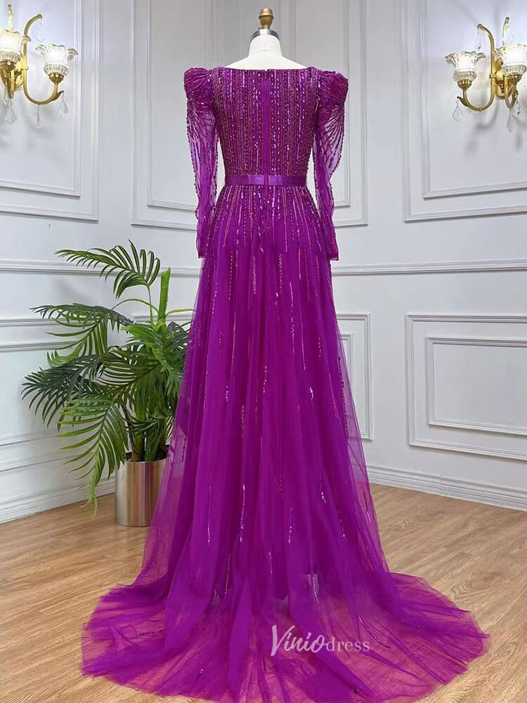 Prom Dress 2025 Long Sleeve Magenta Prom Dresses Purple Square Neck Evening Dress with Slit 20048-unique prom dresses-As Picture-US 2-Viniodress