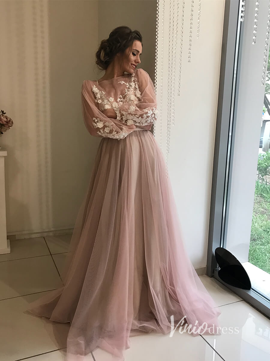 Long Sleeve Mauve Tulle Wedding Dresses for Photography VW2098-wedding dresses 2025 -Viniodress-Mauve-Custom Size-