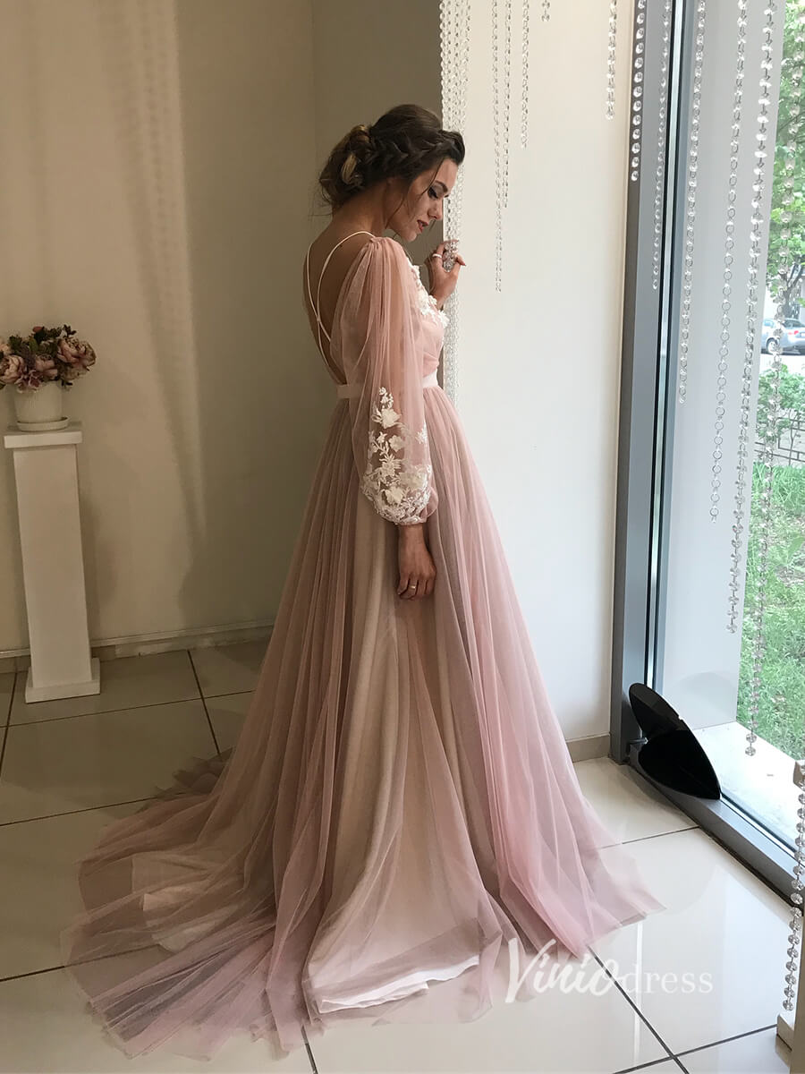 Long Sleeve Mauve Tulle Wedding Dresses for Photography VW2098-wedding dresses 2025 -Viniodress-Mauve-Custom Size-