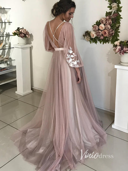 Long Sleeve Mauve Tulle Wedding Dresses for Photography VW2098-wedding dresses 2025 -Viniodress-Mauve-Custom Size-